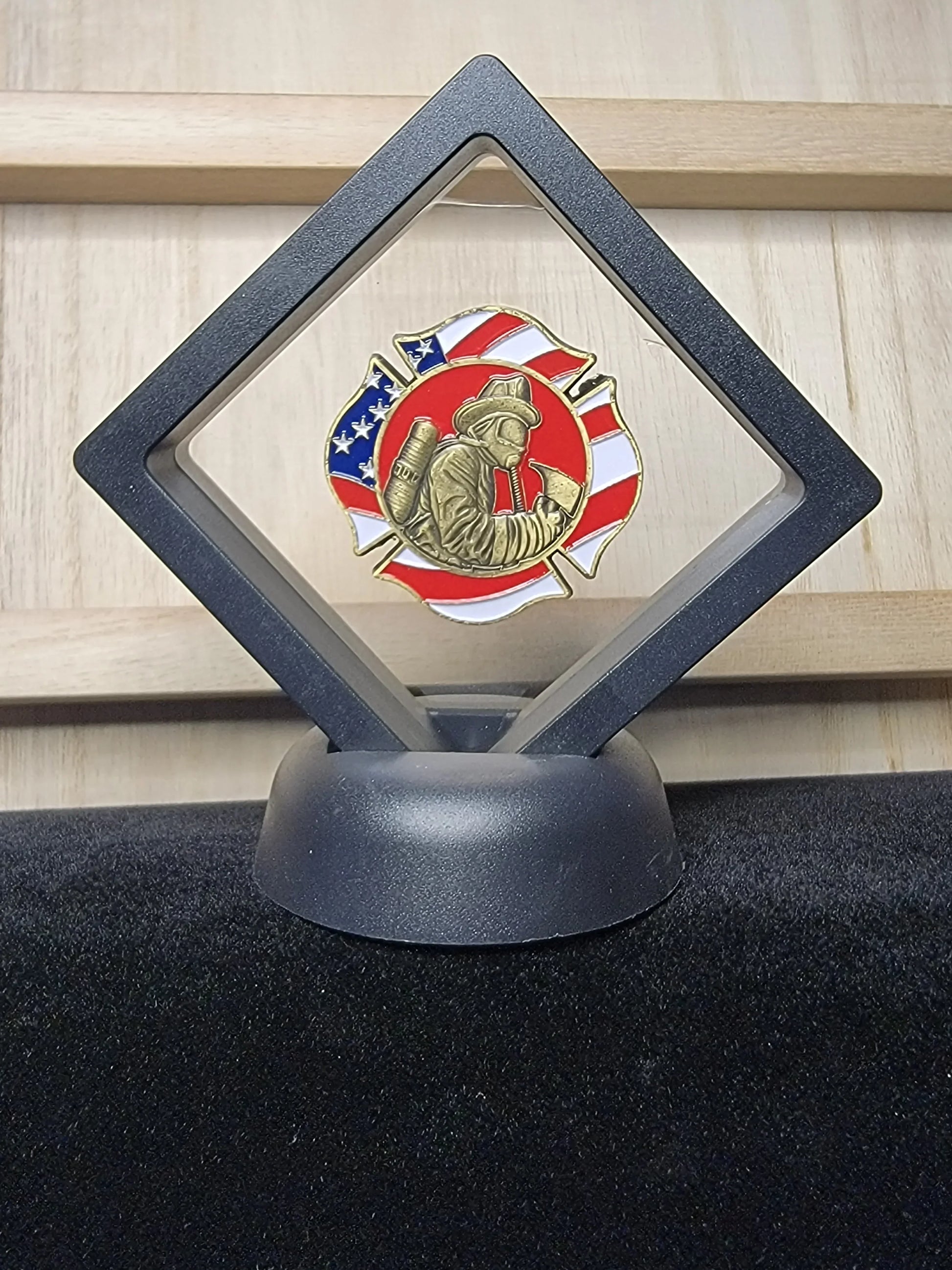 Firefighter Maltese Cross USA Challenge Coin in a Floating Display Case